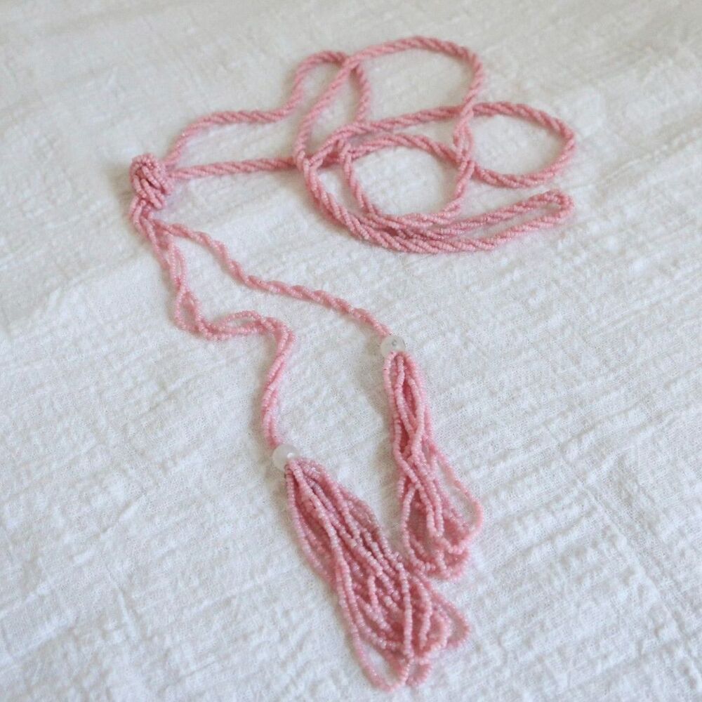 Vintage 1970s Pink Bead Lariat Necklace Multi Strand Twisted Fringe Tassel Rope